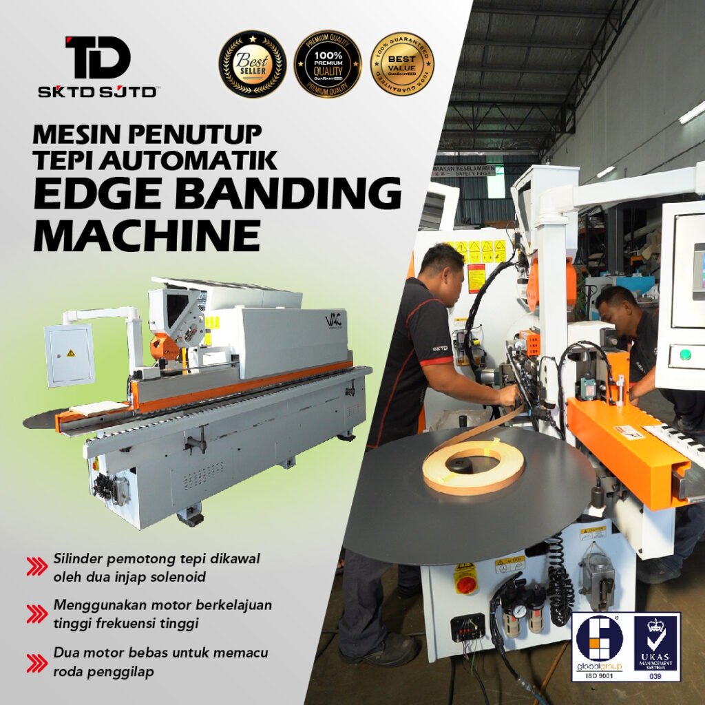 Workers operating automatic edge banding machine in factory