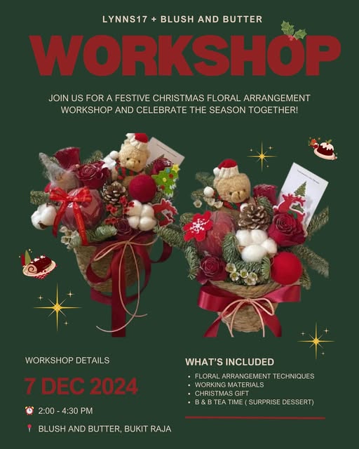 Christmas floral arrangement workshop advertisement with details