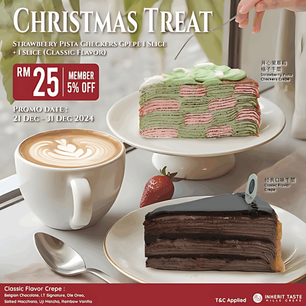 Christmas dessert promotion featuring crepes and coffee