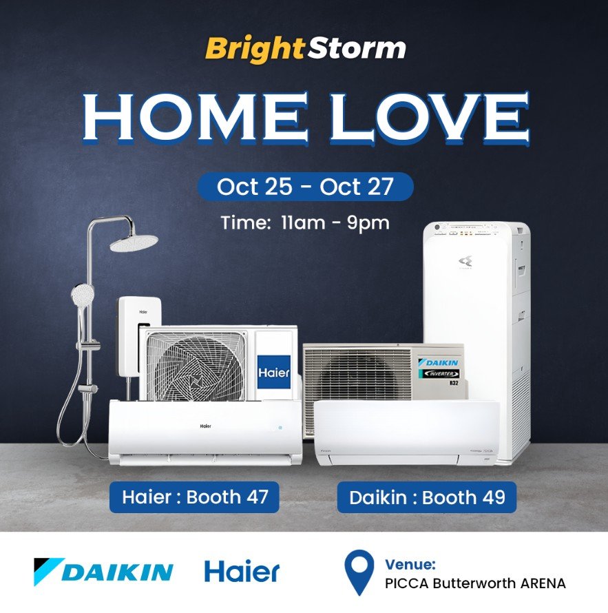BrightStorm Home Love event ad for Haier and Daikin appliances.